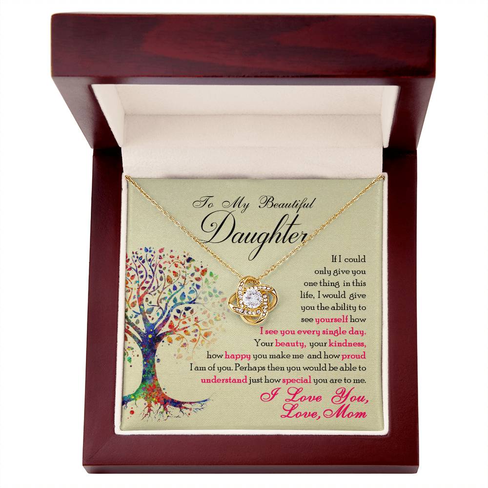 Love Knot Necklace in gift box with message "To My Beautiful Daughter" featuring cubic zirconia pendant and tree design background.