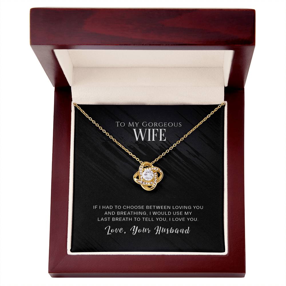 Love Knot Necklace in gift box with heartfelt message, featuring cubic zirconia crystals and 18k yellow gold pendant for wife