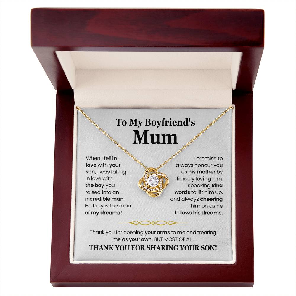 Love Knot Necklace inside a gift box for boyfriend's mum with heartfelt message and cubic zirconia pendant.