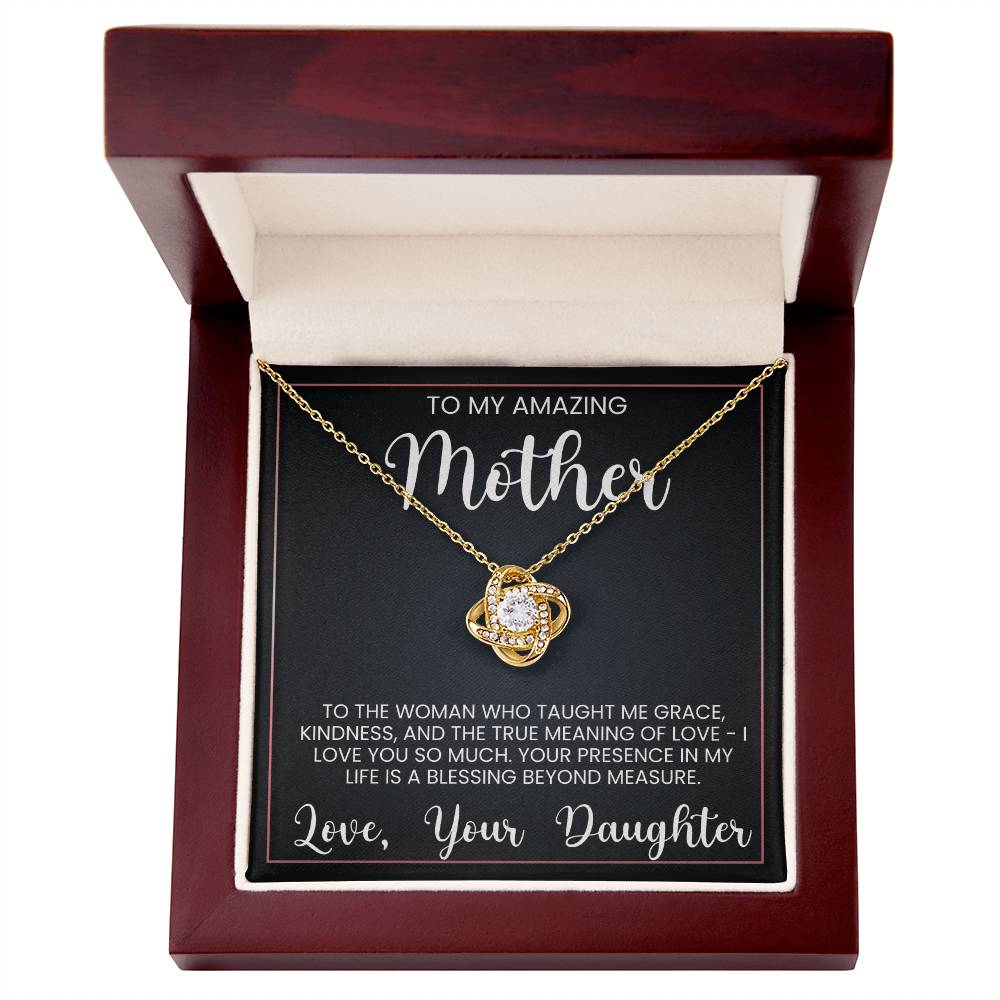 Love Knot Necklace for Mother with heartfelt message from daughter in gift box featuring cubic zirconia crystals