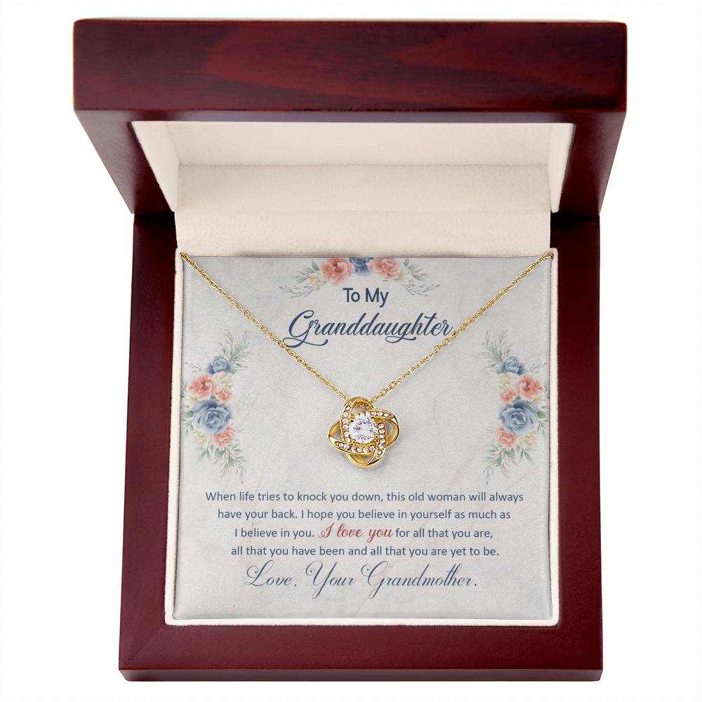 Love Knot Necklace with cubic zirconia for granddaughter in gift box with heartfelt message from grandmother