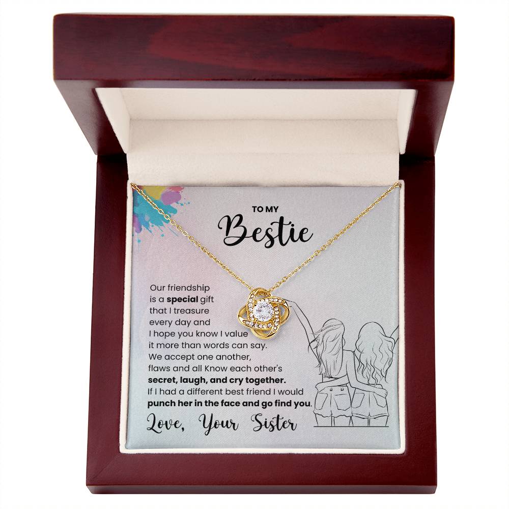 Love Knot Necklace in gift box with heartfelt message for best friend.