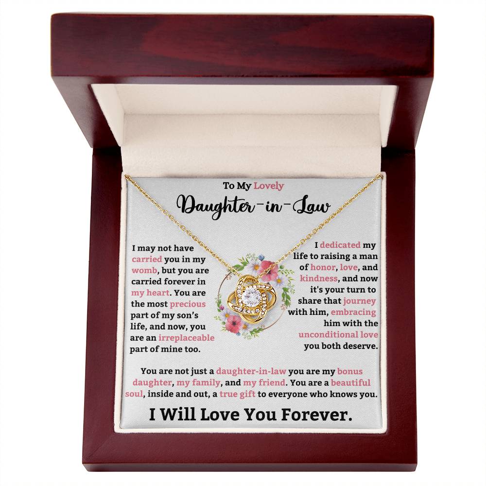 Love Knot Necklace for Daughter-in-Law with heartfelt message in wooden box