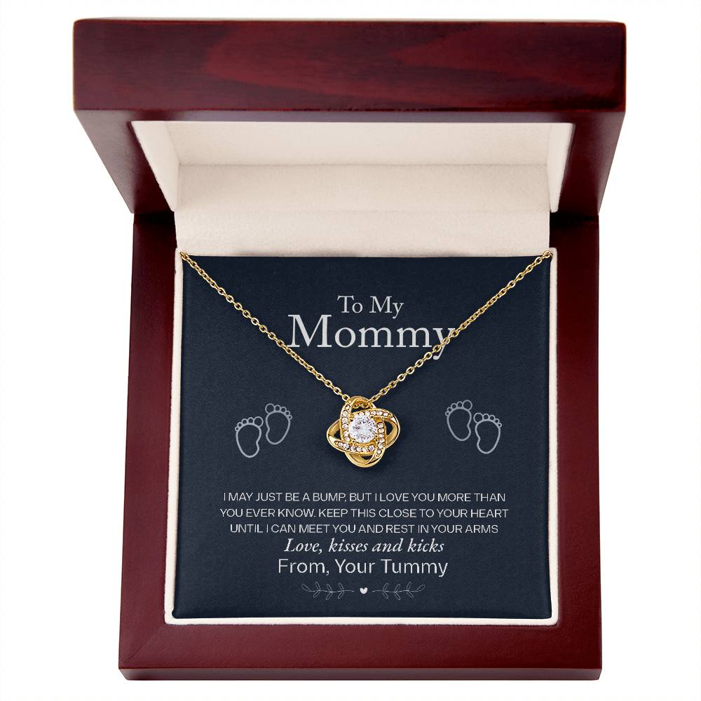 Love Knot Necklace with cubic zirconia in gift box for mommy, representing unbreakable bond and featuring heartfelt message from tummy