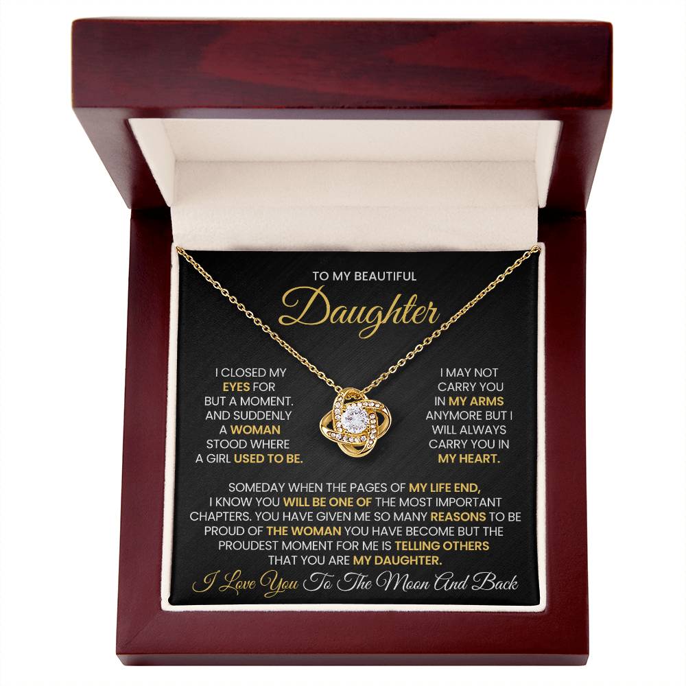 Love Knot Necklace in gift box with heartfelt message to daughter, gold over stainless steel, cubic zirconia, perfect sentimental gift.