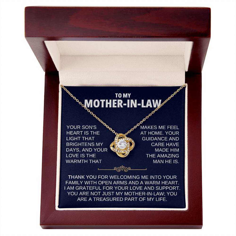 Love Knot Necklace for Mother-In-Law in a gift box with heartfelt message and premium cubic zirconia pendant.