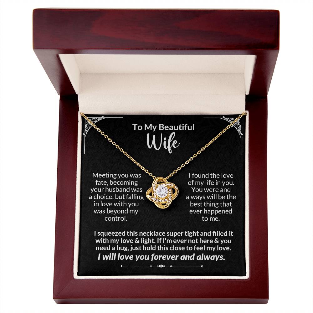 Love Knot Necklace in a box with message card for wife, featuring a gold pendant with cubic zirconia, perfect romantic gift.