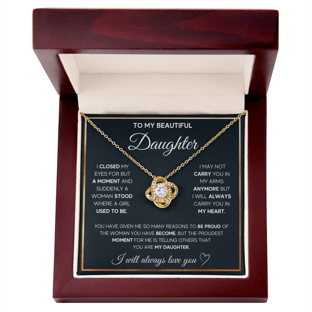 Love Knot Necklace with cubic zirconia in a gift box with "To My Beautiful Daughter" message, symbolizing unbreakable bond, perfect gift for daughter