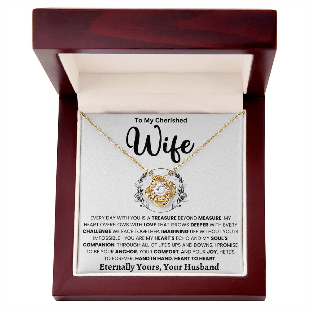 Love Knot Necklace for wife with heartfelt message in gift box, featuring premium cubic zirconia and gold finish, perfect anniversary gift.