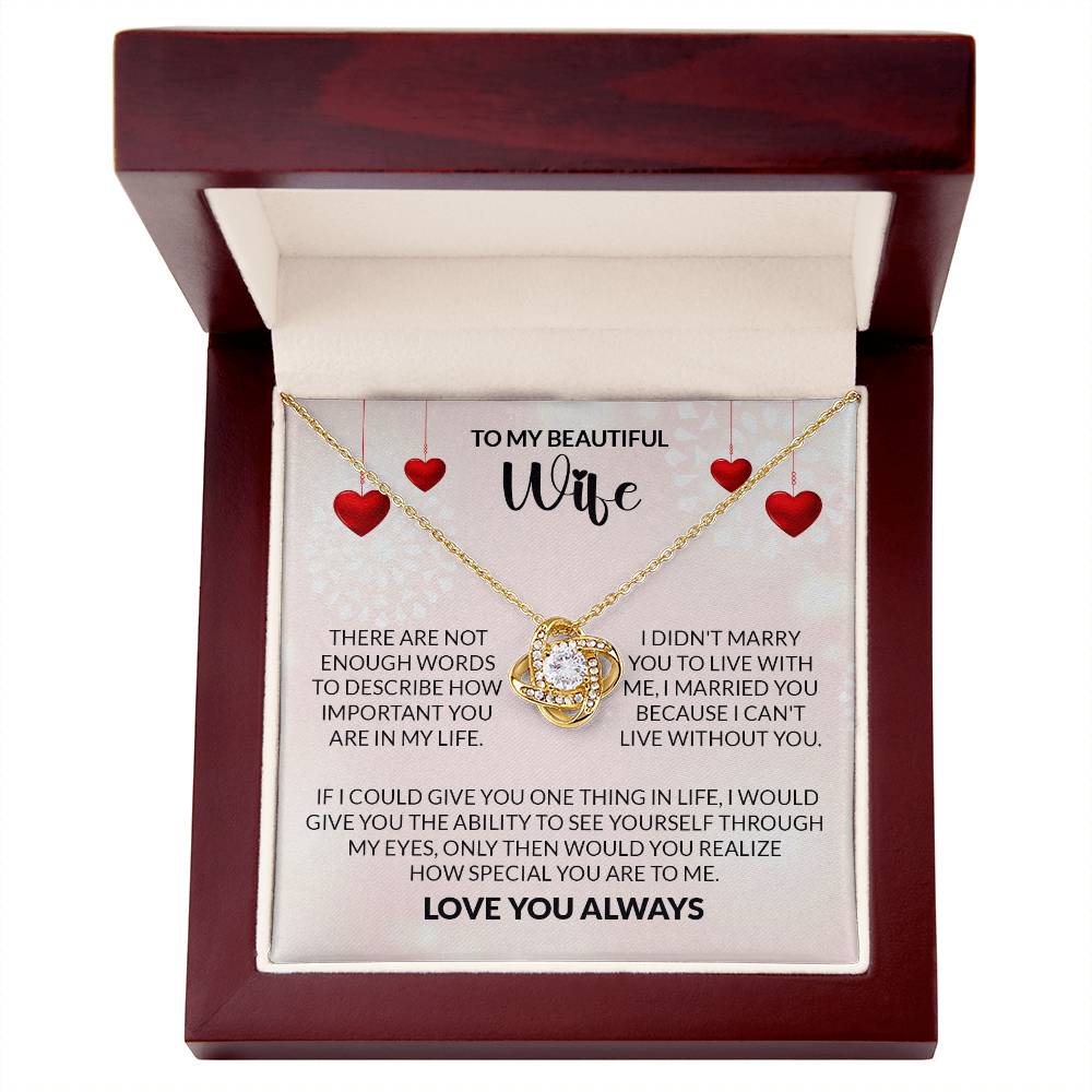 Love Knot Necklace in elegant box with heartfelt message, perfect for wife. 18k yellow gold over stainless steel with cubic zirconia.