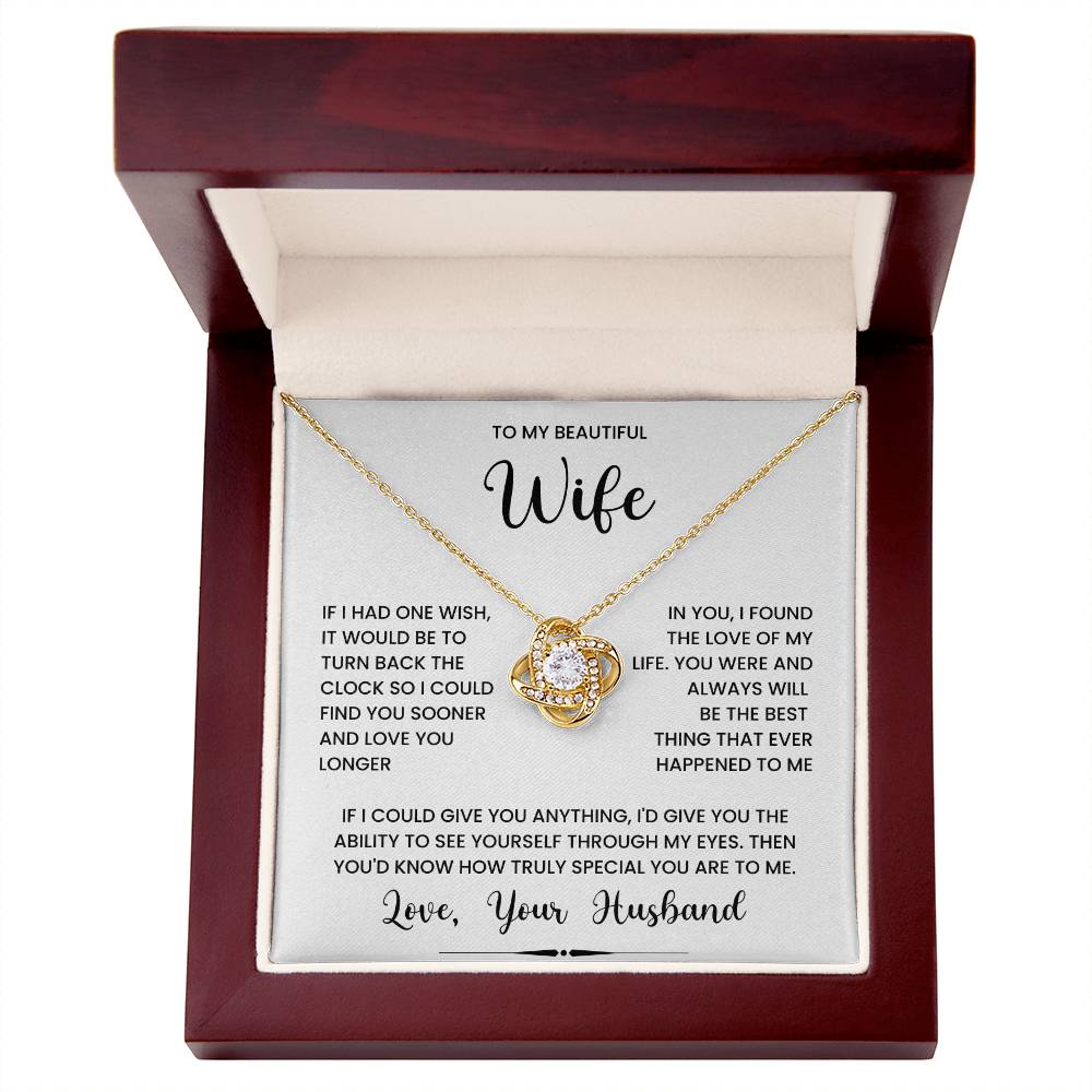 Love Knot Necklace gift for wife with heartwarming message from husband in elegant wooden box