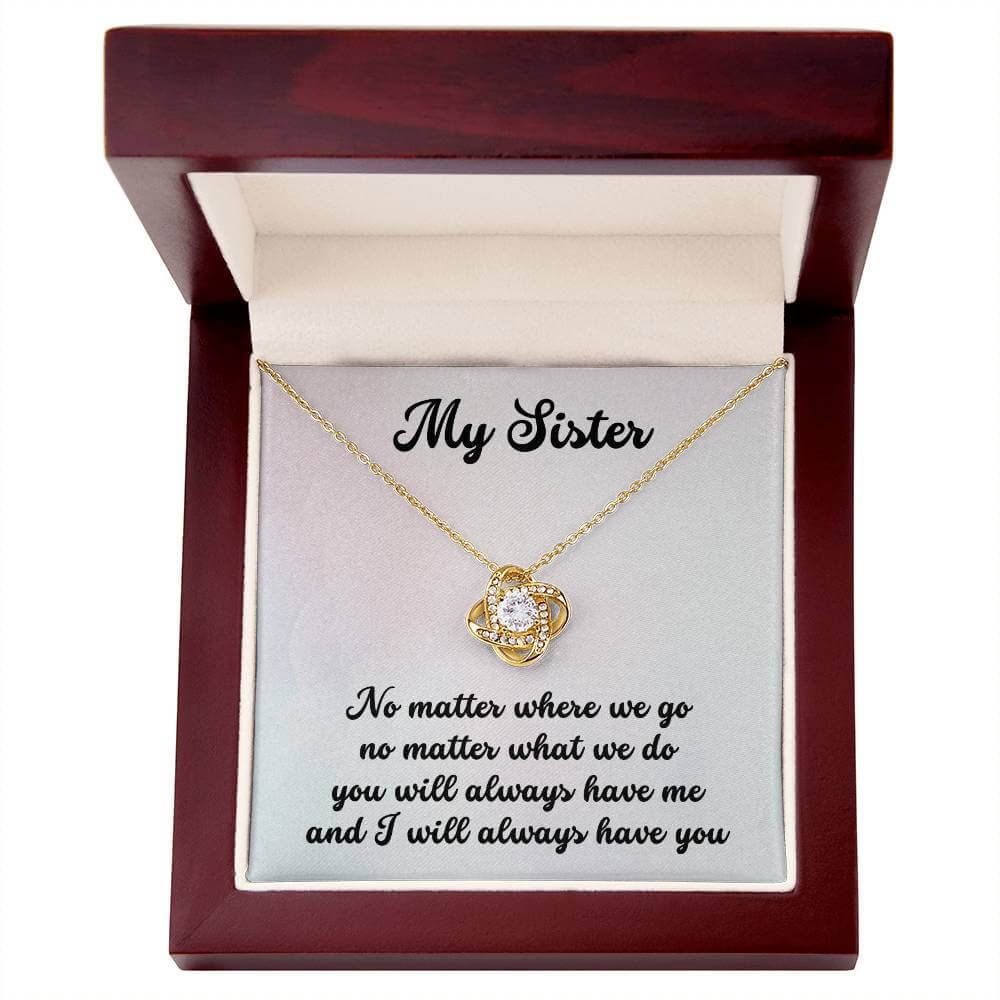 Love Knot Necklace for Sister with cubic zirconia crystals in box with sentimental message.