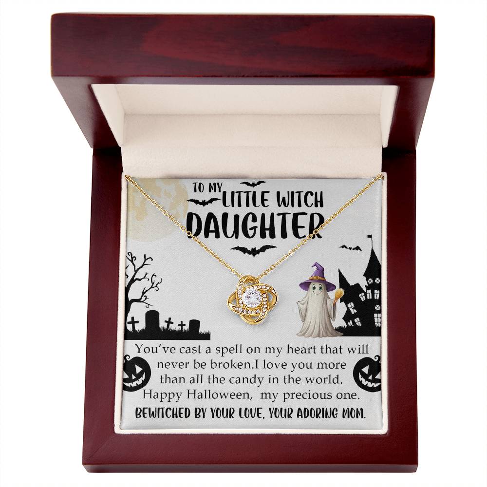 Love Knot Necklace in gift box with "To My Little Witch Daughter" Halloween-themed message