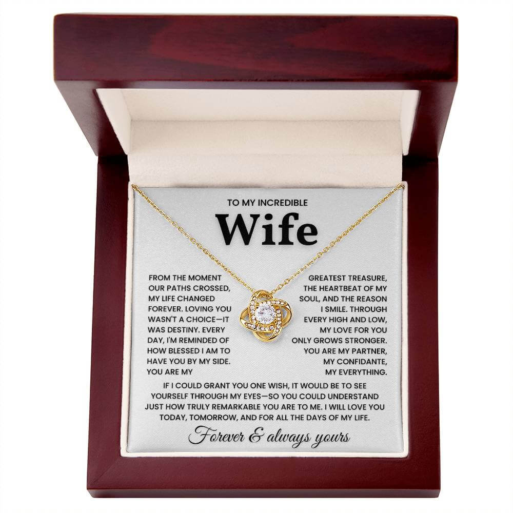 Gift box with "To My Incredible Wife" necklace and heartfelt message, perfect for expressing love and devotion to a cherished wife.