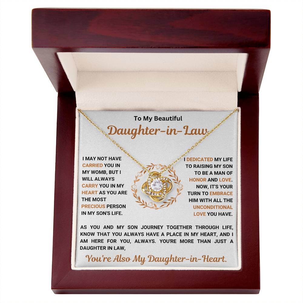 To My Beautiful Daughter-in-Law Necklace with a heartfelt message in a wooden gift box featuring a cubic zirconia pendant.