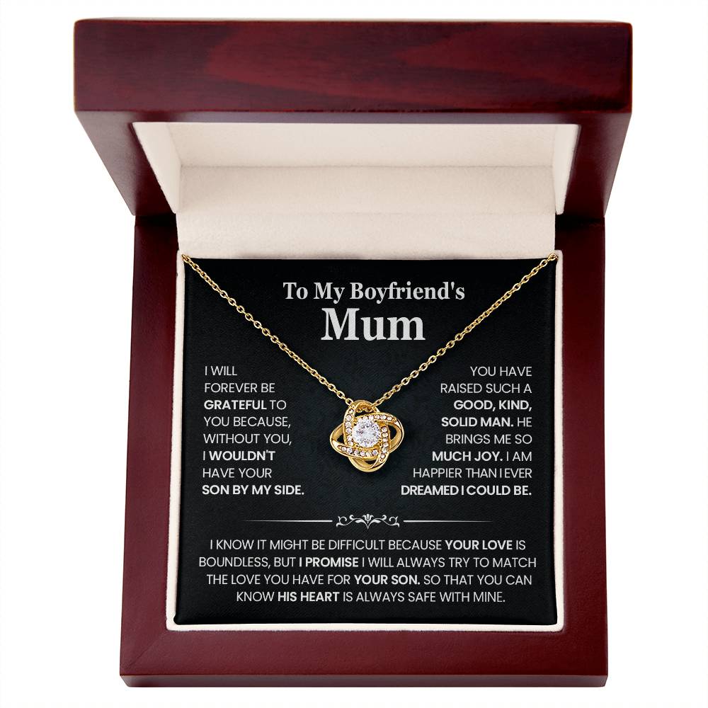 Love Knot Necklace gift for Boyfriend's Mum in elegant box with heartfelt message and premium cubic zirconia pendant.