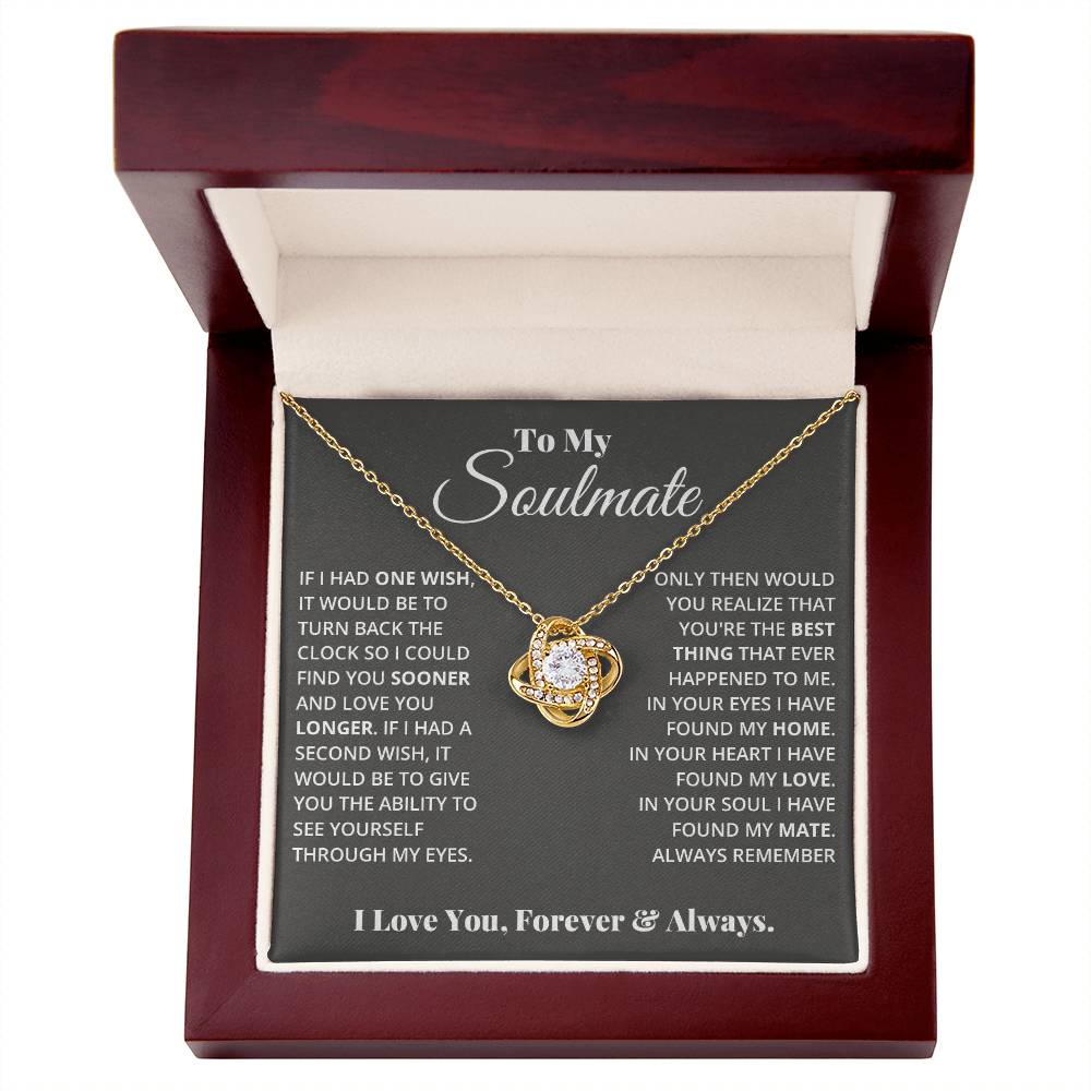 Love Knot Necklace with cubic zirconia in a luxurious wooden box, featuring a romantic message for a soulmate. Perfect gift for loved ones.