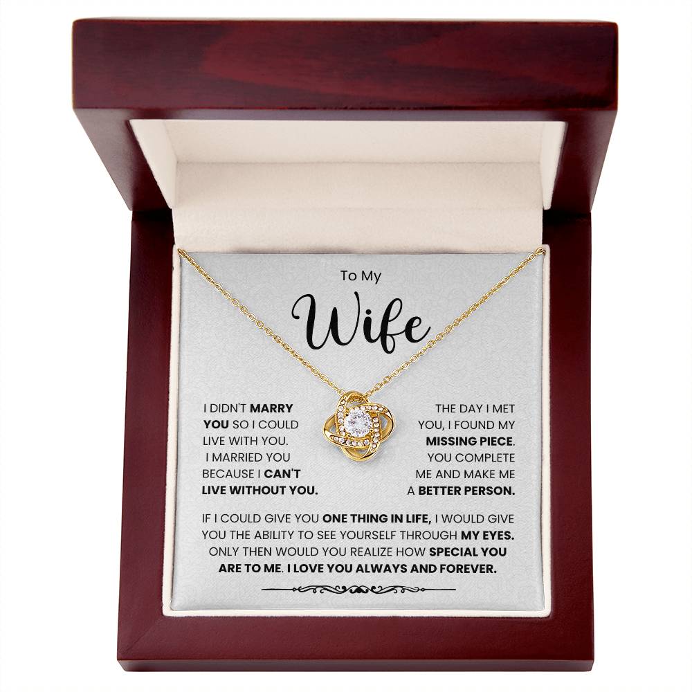 To My Wife love knot necklace on display with heartfelt message. Beautiful gift to show love and appreciation.