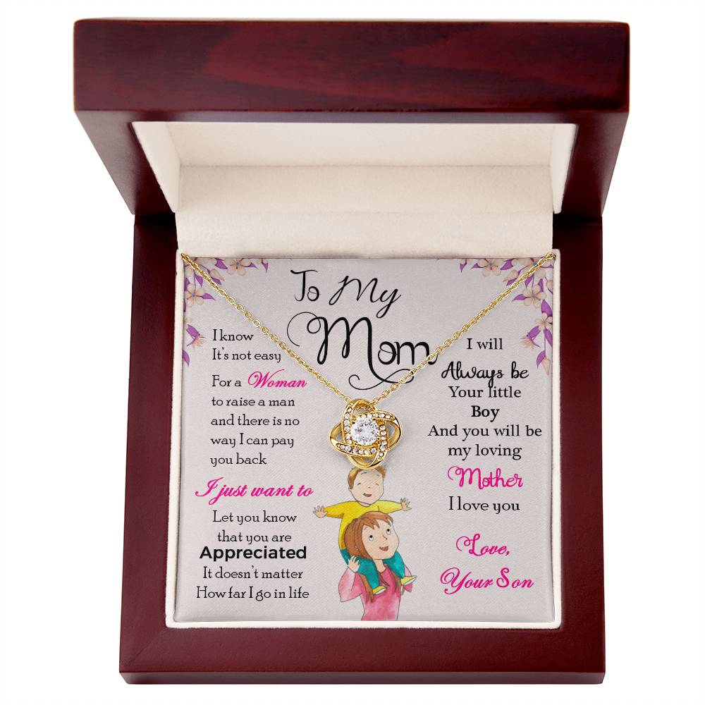 "To My Mom, I Will Always Be Your Little Boy love knot necklace with cubic zirconia in a gift box with heartfelt message."