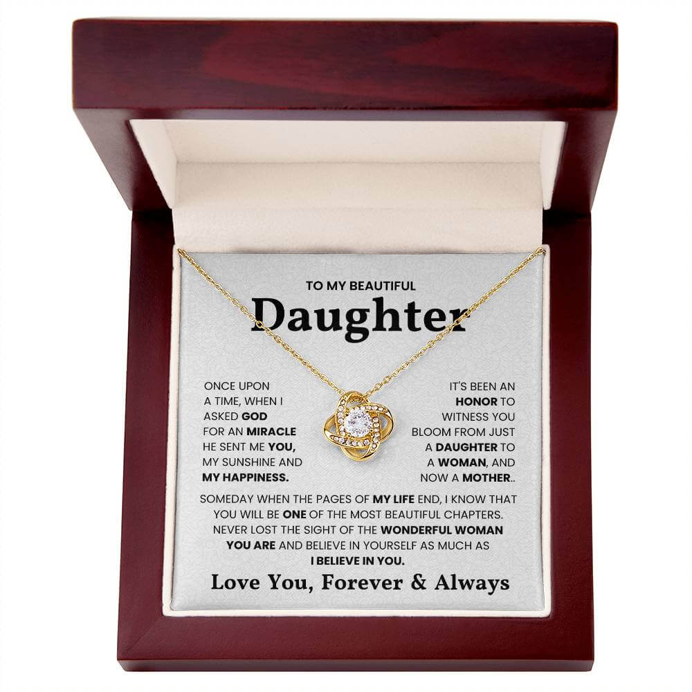 Love Knot Necklace with heartfelt message to daughter in elegant gift box