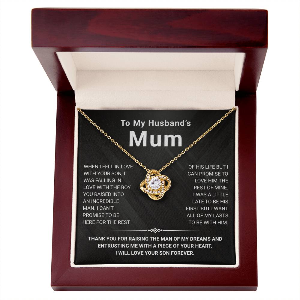 Love Knot Necklace gift for husband’s mum in elegant box with heartfelt message and sparkling cubic zirconia pendant.