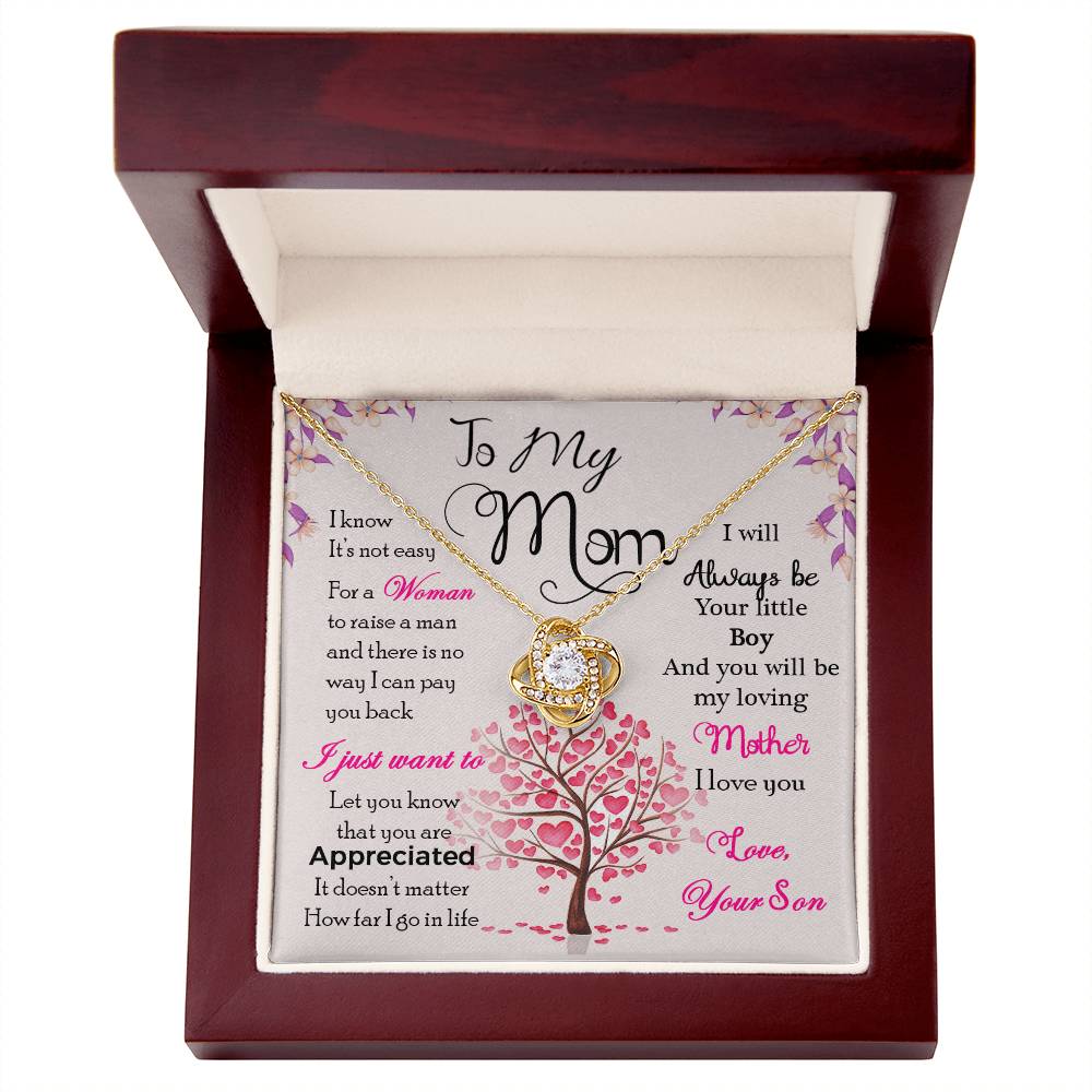 Love Knot Necklace for Mom with heartwarming message in gift box, featuring 14k white gold and 6mm round cut cubic zirconia stone.