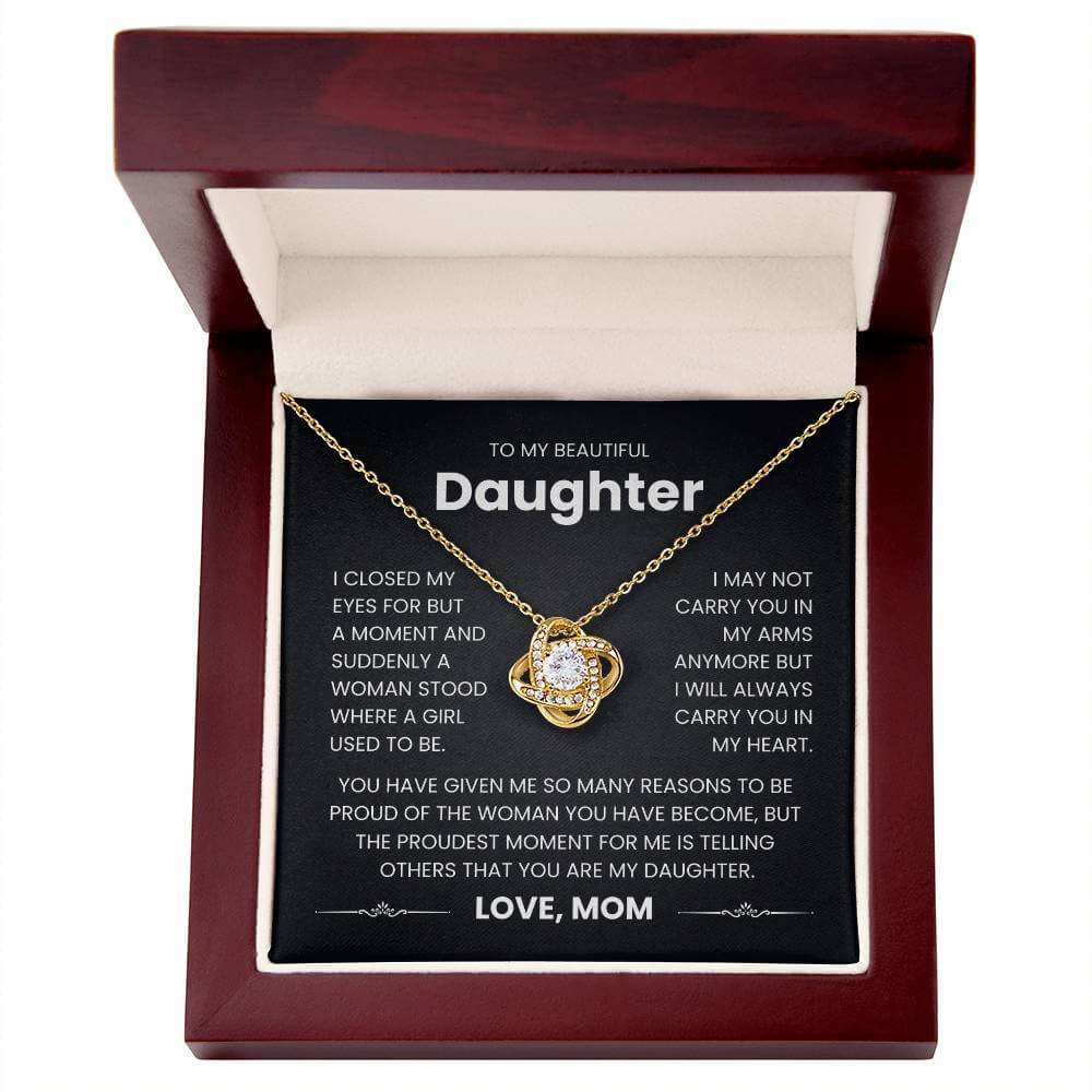 To My Beautiful Daughter love knot necklace gift box with heartfelt message from Mom