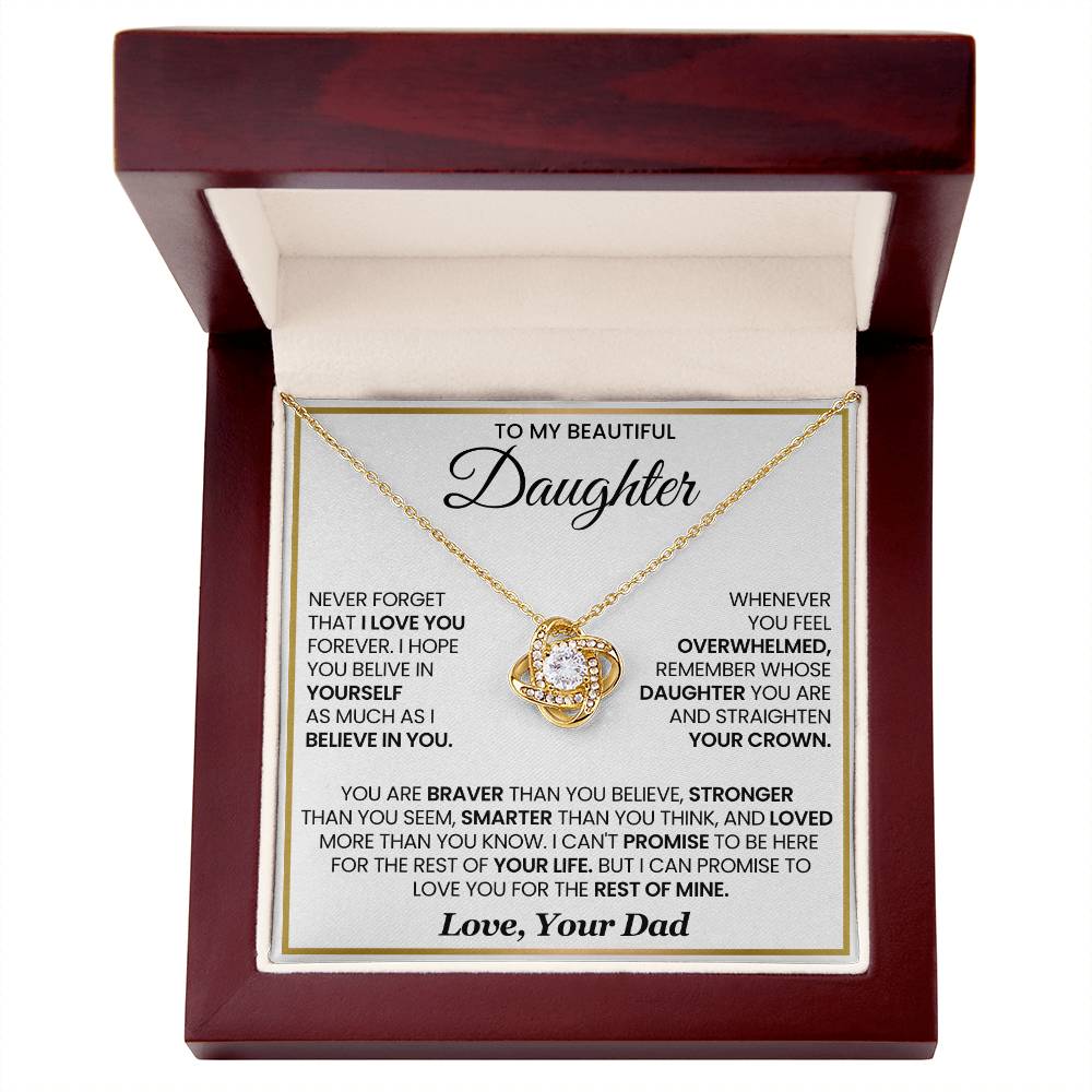 To My Beautiful Daughter love knot necklace with cubic zirconia in a gift box with a heartfelt message from dad.