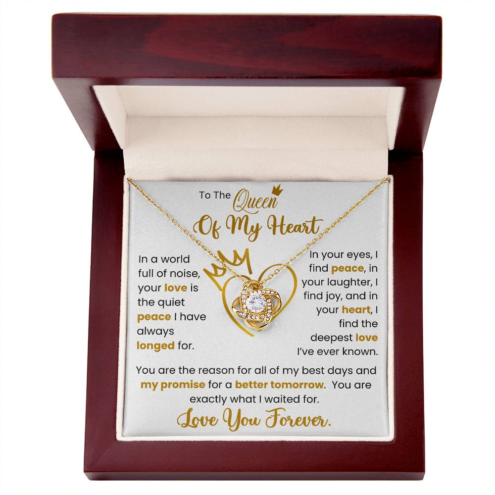 Love Knot Necklace for wife in a wooden box with heartfelt message, cubic zirconia crystals, and gold finish. Perfect anniversary gift.