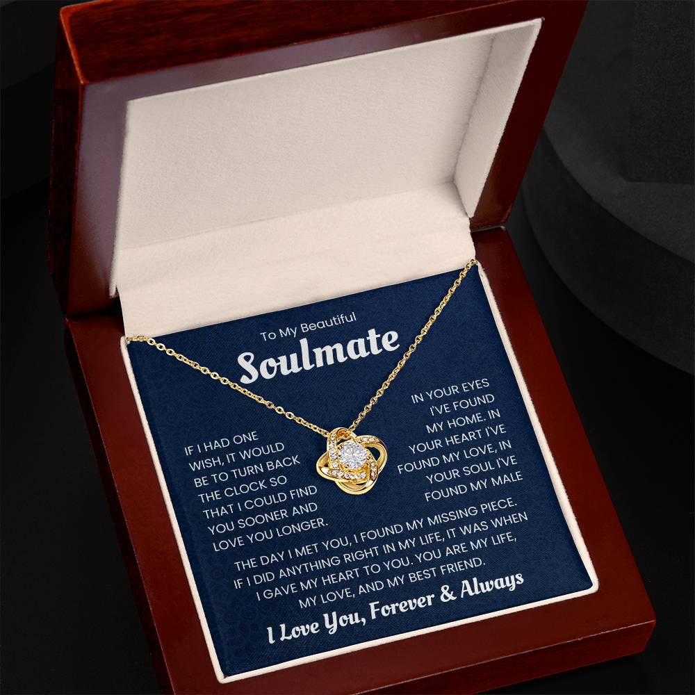 "Love Knot Necklace in an elegant box with an engraved heartfelt message to a soulmate, perfect romantic gift for a loved one"