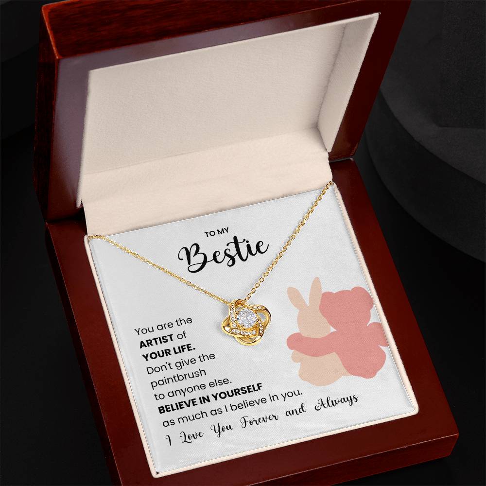 Love Knot Necklace in gift box with message card for best friend, featuring cubic zirconia crystals and heartfelt note about unbreakable bond.