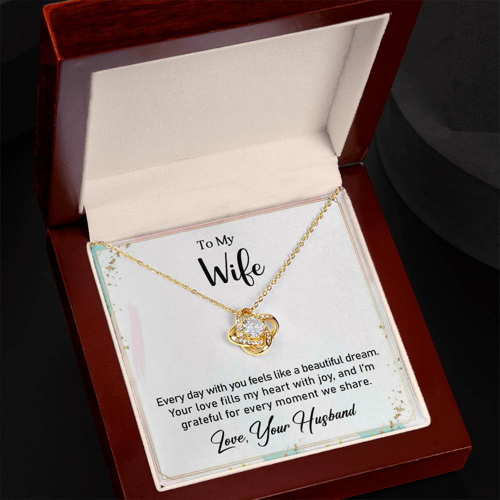 Love Knot Necklace for wife in gift box with heartfelt message card, 18k yellow gold finish, perfect anniversary gift