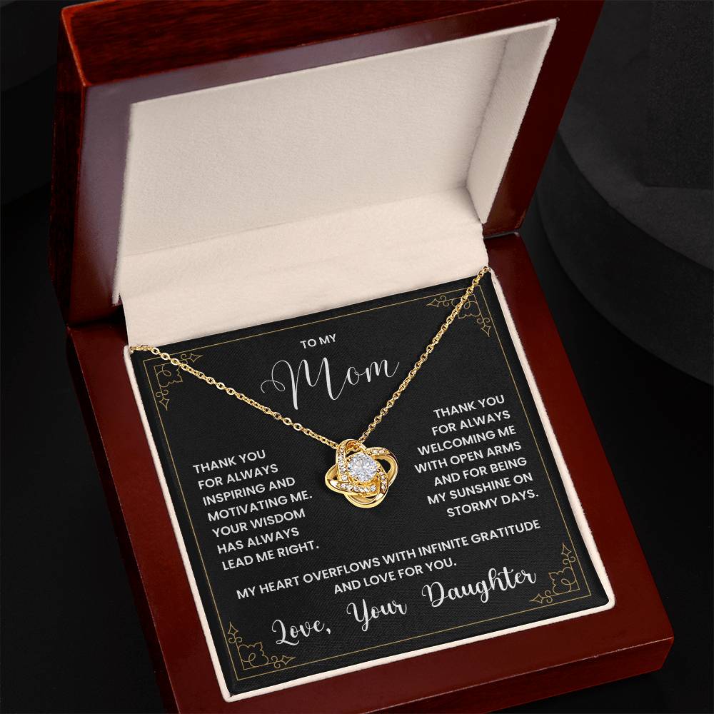 Love Knot Necklace for Mom with heartfelt message from daughter in an elegant gift box.