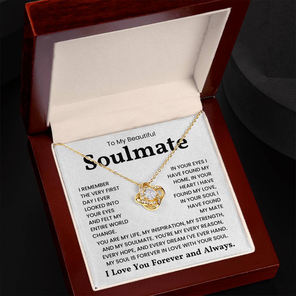 Gold love knot necklace in elegant box with romantic message card for soulmate, read "My soul is forever in love with your soul"