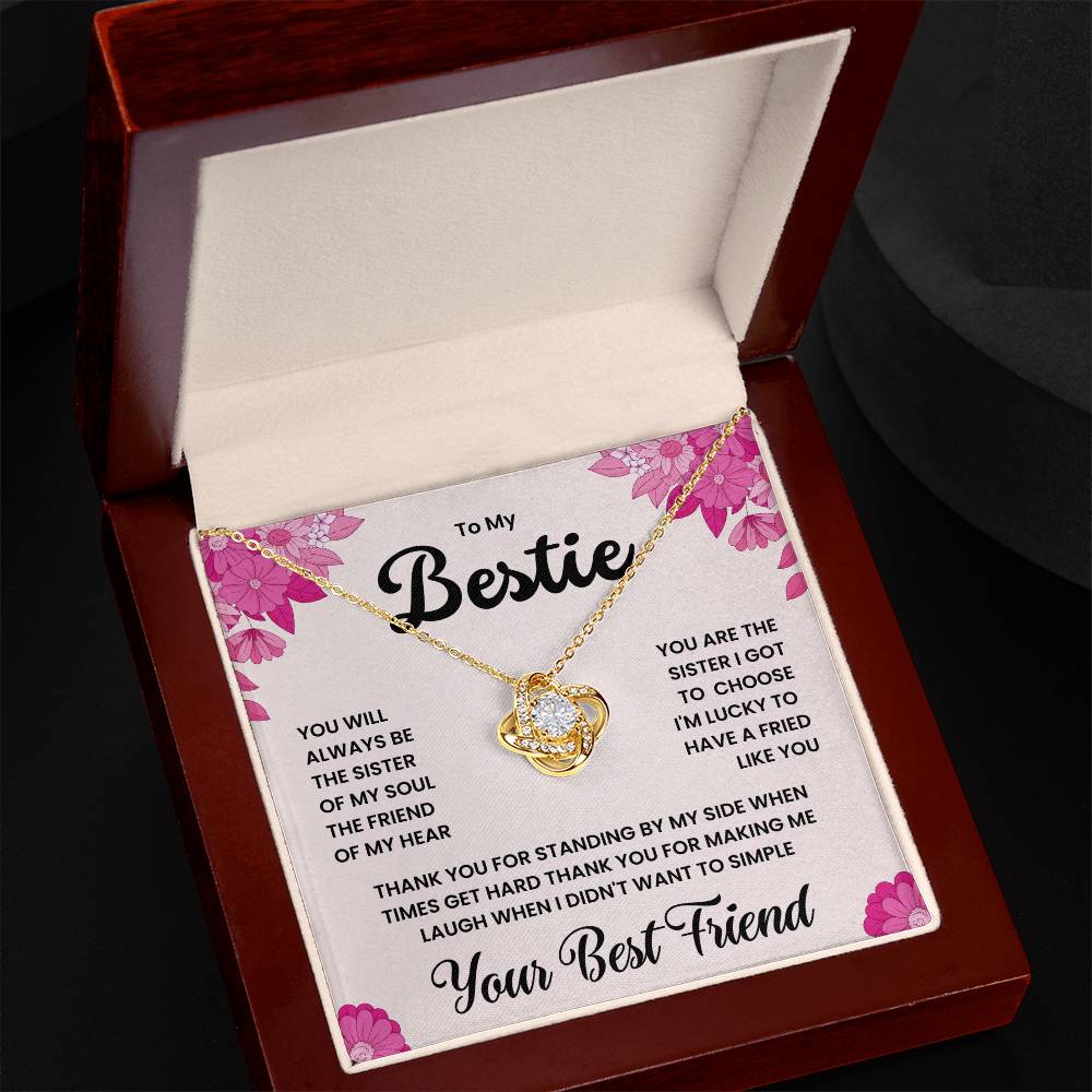 To My Bestie Love Knot Necklace in gift box with heartfelt message, perfect for expressing unbreakable bond between best friends.