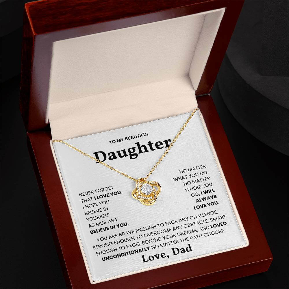 Love Knot Necklace for Daughter - "Never Forget that I Love You" message from Dad in a keepsake box