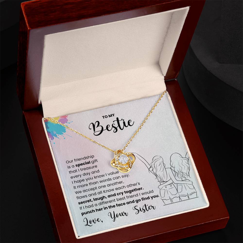 Gold Love Knot Necklace for Bestie with heartfelt friendship message in gift box.