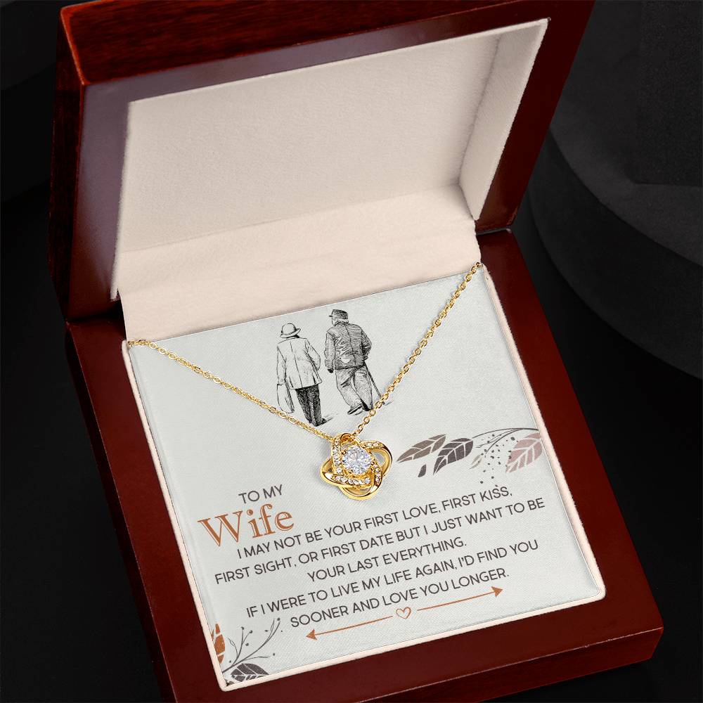 Love Knot Necklace in a box with an engraved message, featuring 18k yellow gold over stainless steel and cubic zirconia, perfect gift for wife