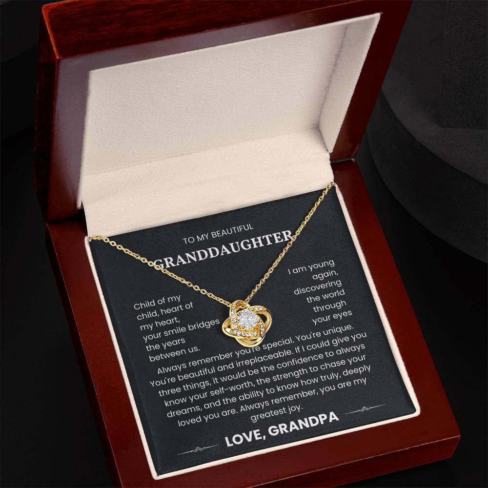 Love Knot Necklace for Granddaughter with heartfelt message from grandpa in a jewelry box.