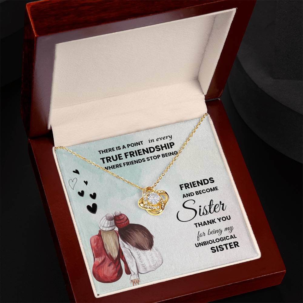 Love Knot Necklace for Unbiological Sister in Gift Box with Message About True Friendship and Unbreakable Bond