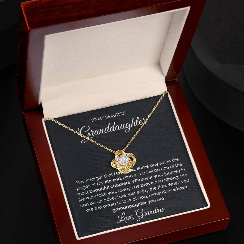 Gold Love Knot Necklace with heartfelt message from Grandma to Granddaughter in elegant jewelry box