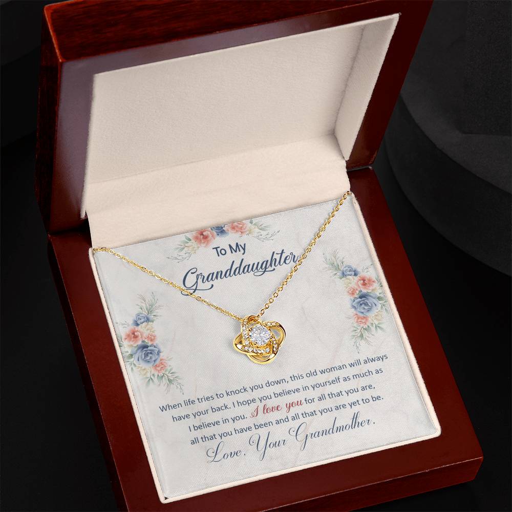 Love Knot Necklace for Granddaughter with heartfelt message, cubic zirconia crystals, 18k yellow gold over stainless steel, gift box.