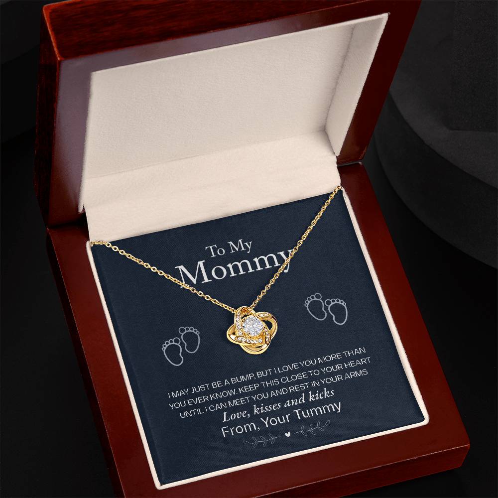 Love Knot Necklace in gift box with message "To My Mommy, Love From Your Tummy," featuring gold over stainless steel and cubic zirconia stone