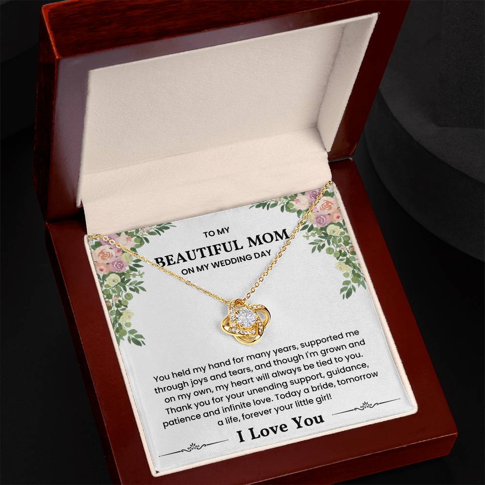 Love Knot Necklace with heartfelt message for Mom on wedding day in elegant gift box.