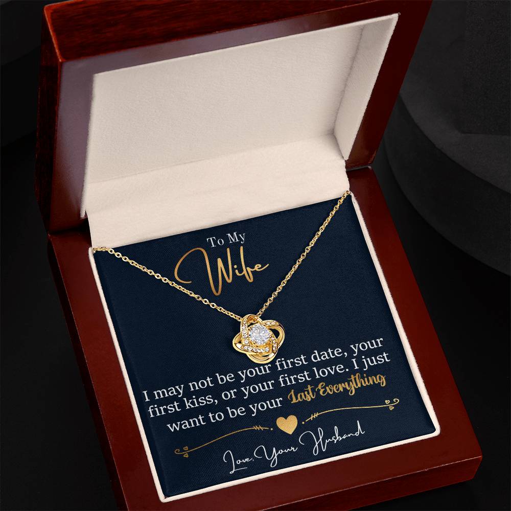 Love Knot Necklace with cubic zirconia in gift box, inscribed with "To My Wife" and a heartfelt message, perfect for expressing unbreakable bond.