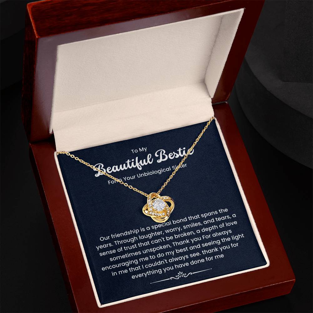 Love Knot Necklace with heartfelt message for best friend, featuring a special bond and words of encouragement, presented in an elegant box.