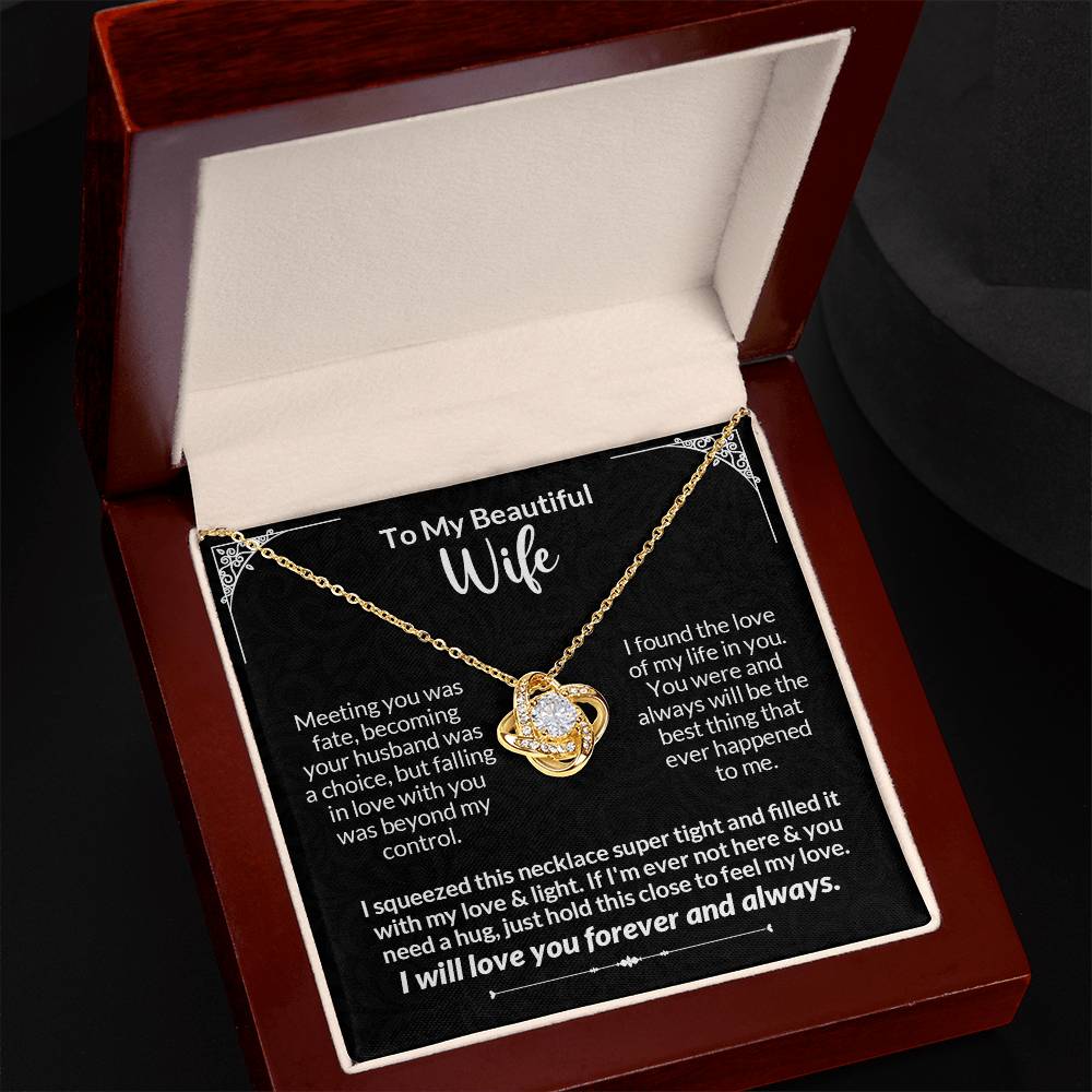 Love Knot Necklace in gift box with heartfelt message for wife, featuring cubic zirconia on 18k yellow gold chain, perfect anniversary gift.