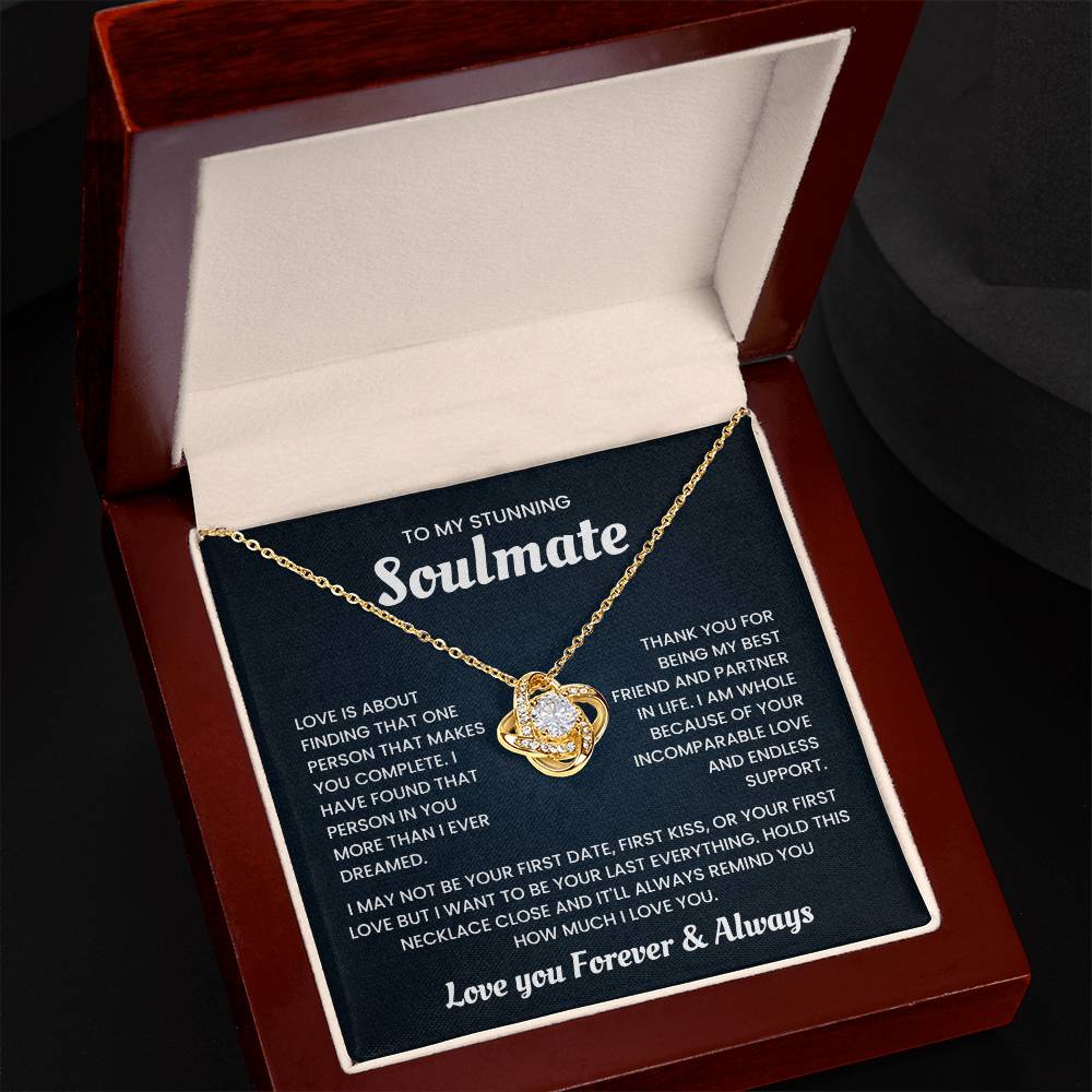 To My Stunning Soulmate Love Knot Necklace in gift box with heartfelt message about love and companionship