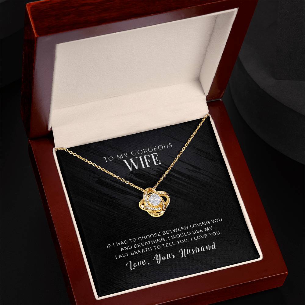 Gold Love Knot Necklace for Wife with Cubic Zirconia in Gift Box, Romantic Message from Husband