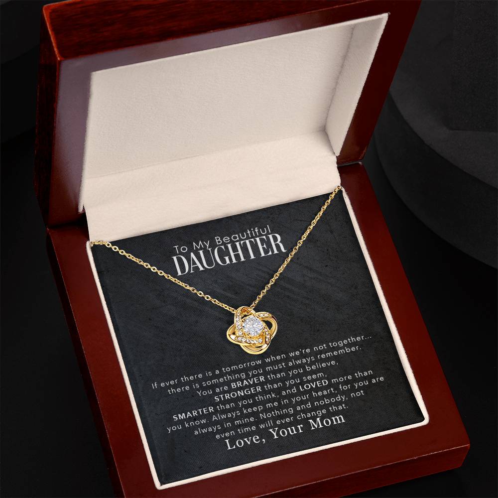 Love Knot Necklace for Daughter with Message Card in Gift Box - 18K Yellow Gold over Stainless Steel with Cubic Zirconia pendant